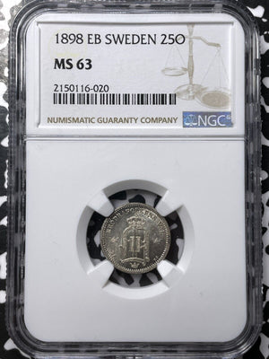 1898-EB Sweden 25 Ore NGC MS63 Lot#G6645 Silver! Choice UNC!