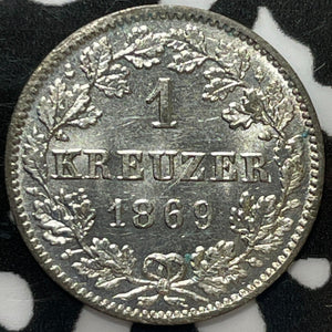 1869 Germany Wurttemberg 1 Kreuzer Lot#M6725 Silver! High Grade! Beautiful!