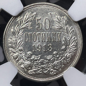 1913 Bulgaria 50 Stotinki NGC MS61 Lot#G6843 Silver! Nice UNC!