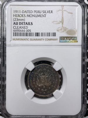 1911 Peru Heroes Monument Medal NGC Cleaned-AU Details Lot#G6364 Silver! 23mm