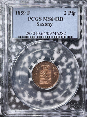 1859-F Germany Saxony 2 Pfennig PCGS MS64RB Lot#G6216 Choice UNC!