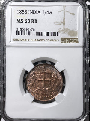 1858 India 1/4 Anna NGC MS63RB Lot#G6745 Choice UNC!
