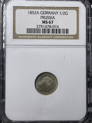 1852-A Germany Prussia 1/2 Groschen NGC MS67 Lot#G6281 Gem BU! Solo Top Graded!