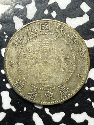 Year 9 (1920) China Kwangtung 20 Cents Lot#M0711 Silver!