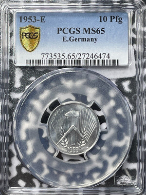 1953-E East Germany 10 Pfennig PCGS MS65 Lot#G6277 Gem BU!