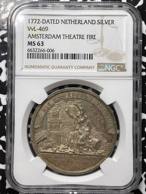 1772 Netherlands Amsterdam Theatre Fire Medal NGC MS63 Lot#G4813 Very Scarce!