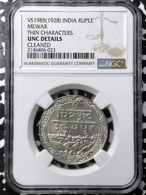 VS 1985 (1928) India Mewar 1 Rupee NGC Cleaned-UNC Details Lot#G6686 Silver!