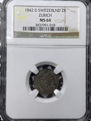 1842-D Switzerland Zurich 2 Rappen NGC MS64 Lot#G6353 Choice UNC!