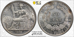 1936 French Indo-China 50 Centimes PCGS AU58 Lot#G4755 Silver! Lec-261
