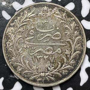 AH 1327 YR. 3 (1911) Egypt 5 Qirsh Lot#M9181 Silver! Nice!