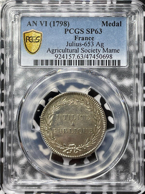 AN VI (1798) France Marne Agricultural Society Medal PCGS SP64 Lot#G5205 Silver!