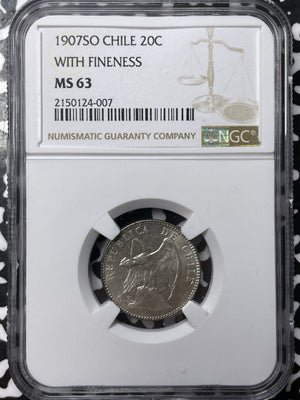 1907-So Chile 20 Centavos NGC MS63 Lot#G6822 Silver! KM#151.2 With Fineness