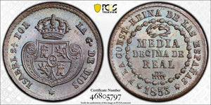 1853 Spain Segovia 1/20 Real PCGS MS65BN Lot#G4906 Calico-140. Gem BU!