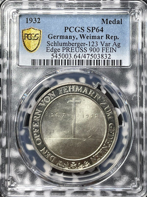 1932 Germany Sinking Of The Niobe Medal PCGS SP64 Lot#G5689 Silver!