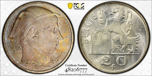 1953 Belgium 20 Francs PCGS MS65 Lot#G6799 Silver! Gem BU! Solo Finest Graded!