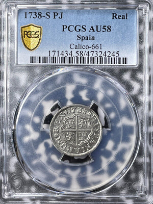 1738-S PJ Spain 1 Real PCGS AU58 Lot#G6501 Silver! KM#354, Calico-661