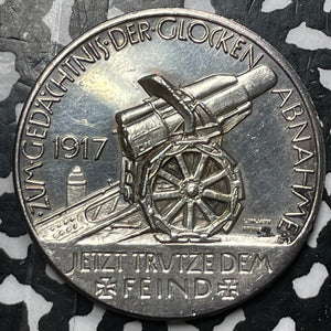 1917 Germany Nurnberg WWI Propaganda Mortar/Bell Medal Lot#JM5574 Silver!