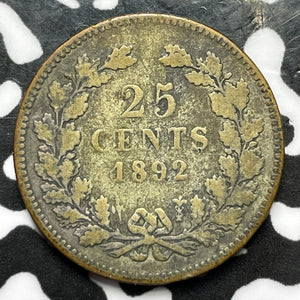 1892 Netherlands 25 Cents Lot#D2556 Silver! Low Mintage