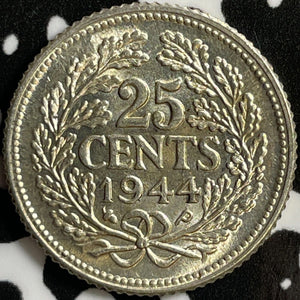 1944 Netherlands 25 Cents Lot#D4888 Silver! High Grade! Beautiful!