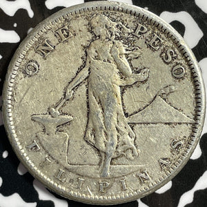 1907-S U.S. Philippines 1 Peso Lot#D5161 Large Silver Coin! Cleaned