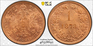 1873-A Austria 1 Kreuzer PCGS MS65RD Lot#G4446 Gem BU!
