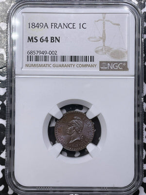 1849-A France 1 Centime NGC MS64BN Lot#G6055 Choice UNC!