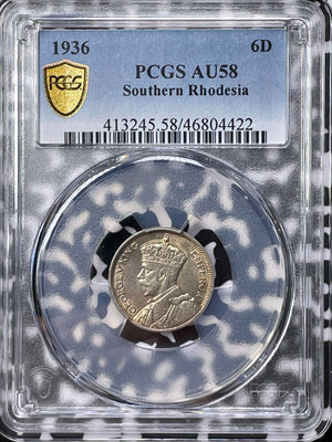 1936 Southern Rhodesia 6 Pence Sixpence PCGS AU58 Lot#G5015 Silver!