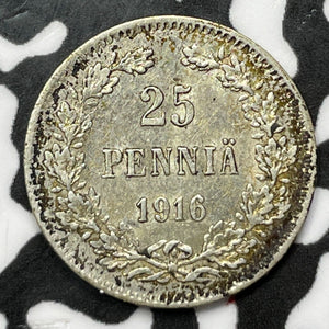 1916 Finland 25 Pennia Lot#M6263 Silver! High Grade! Beautiful!