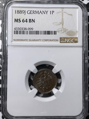 1889-J Germany 1 Pfennig NGC MS64BN Lot#G6237 Choice UNC!