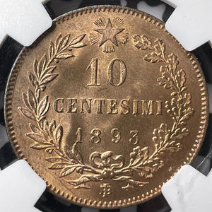 1893-BI Italy 10 Centesimi NGC MS64RB Lot#G6655 Choice UNC!