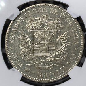 1887 Venezuela 5 Bolivares NGC Cleaned-AU Details Lot#G6103 Silver! Key Date!