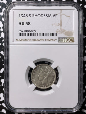 1945 Southern Rhodesia 6 Pence Sixpence NGC AU58 Lot#G4808 Silver! Key Date!