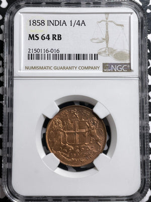 1858 India 1/4 Anna NGC MS64RB Lot#G6628 Choice UNC!