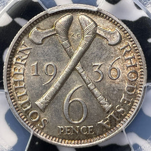 1936 Southern Rhodesia 6 Pence Sixpence PCGS AU58 Lot#G5015 Silver!