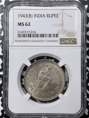 1943-B India 1 Rupee NGC MS62 Lot#G6029 Silver! Nice UNC!