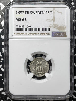 1897 Sweden 25 Ore NGC MS62 Lot#G4665 Silver! Nice UNC!