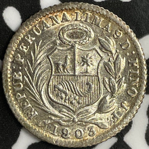 1903 Peru 1/2 Dinero Half Dinero Lot#D1970 Silver! High Grade! Beautiful!