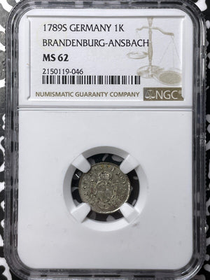 1789-S Germany Brandenburg-Ansbach 1 Kreuzer NGC MS62 Lot#G6754 Nice UNC!