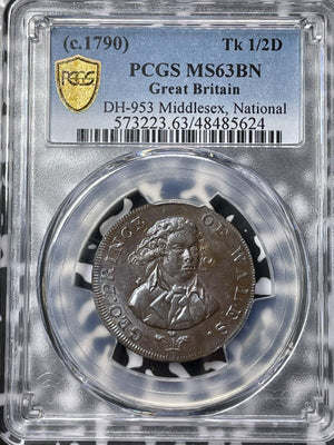 c1790 G.B Middlesex Prince Of Wales 1/2 Penny Conder Token PCGS MS63BN Lot#G5916