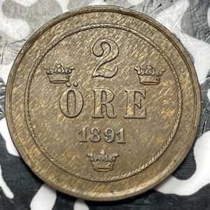 1891 Sweden 2 Ore Lot#D6153