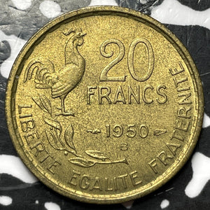1950-B France 20 Francs Lot#D6788 High Grade! Beautiful! KM#917.2, 4 Plumes