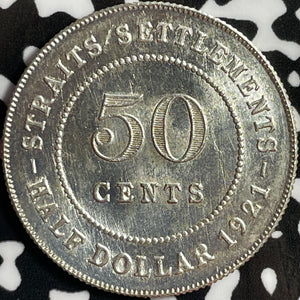1921 Straits Settlements 50 Cents Lot#D5087 Silver! High Grade! Beautiful!