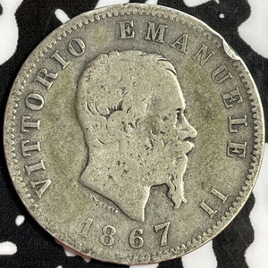 1867-M BN Italy 1 Lira Lot#D1561 Silver! Rim Nick