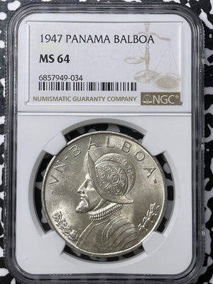 1947 Panama 1 Balboa NGC MS64 Lot#G6082 Large Silver! Choice UNC!