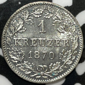 1870 Germany Wurttemberg 1 Kreuzer Lot#M6721 Silver! High Grade! Beautiful!