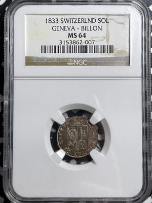 1833 Switzerland Geneva 1 Sol NGC MS64 Lot#G6351 Choice UNC!