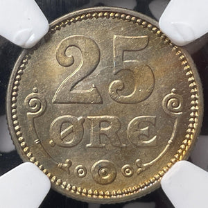 1922-HCN GJ Denmark 25 Ore NGC MS64 Lot#G6233 Choice UNC!