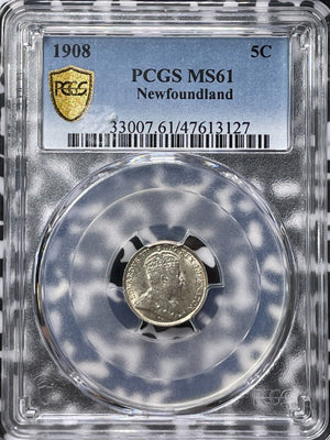 1908 Newfoundland 5 Cents PCGS MS61 Lot#G5382 Silver! Nice UNC!