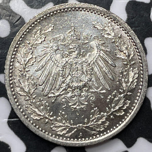 1915-A Germany 1/2 Mark Half Mark Lot#D6285 Silver! High Grade! Beautiful!