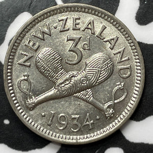 1934 New Zealand 3 Pence Threepence Lot#D2454 Silver! Nice!